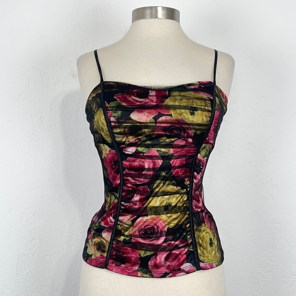 Y2K Whimsical Fairy Grunge Bustier Cami Top Medium Ruched Mesh Floral Corset
